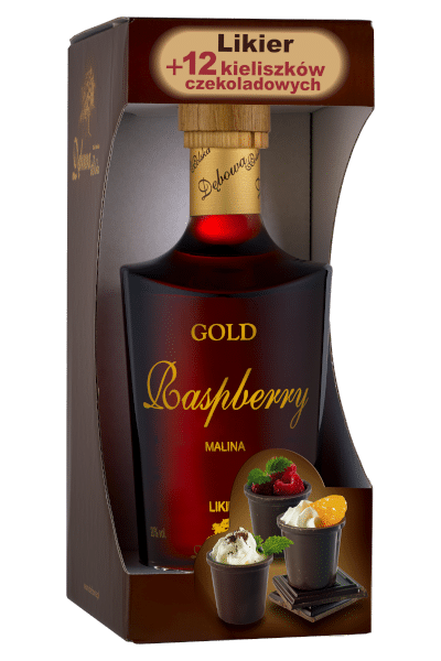 likier malinowy 0 7 w etui z kieliszkami czekoladowymi