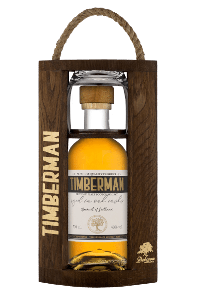 whisky timberman 3yo 0 7 w drewnianej skrzynce z kieliszkiem