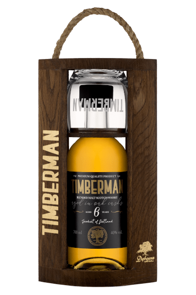 whisky timberman 6yo 0 7 w drewnianej skrzynce z kieliszkiem
