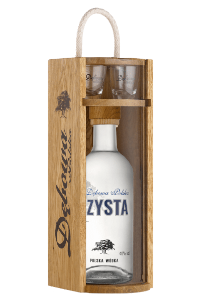 wódka czysta 0 7 w drewnianej skrzynce z kieliszkami z firmowym nadrukiem
